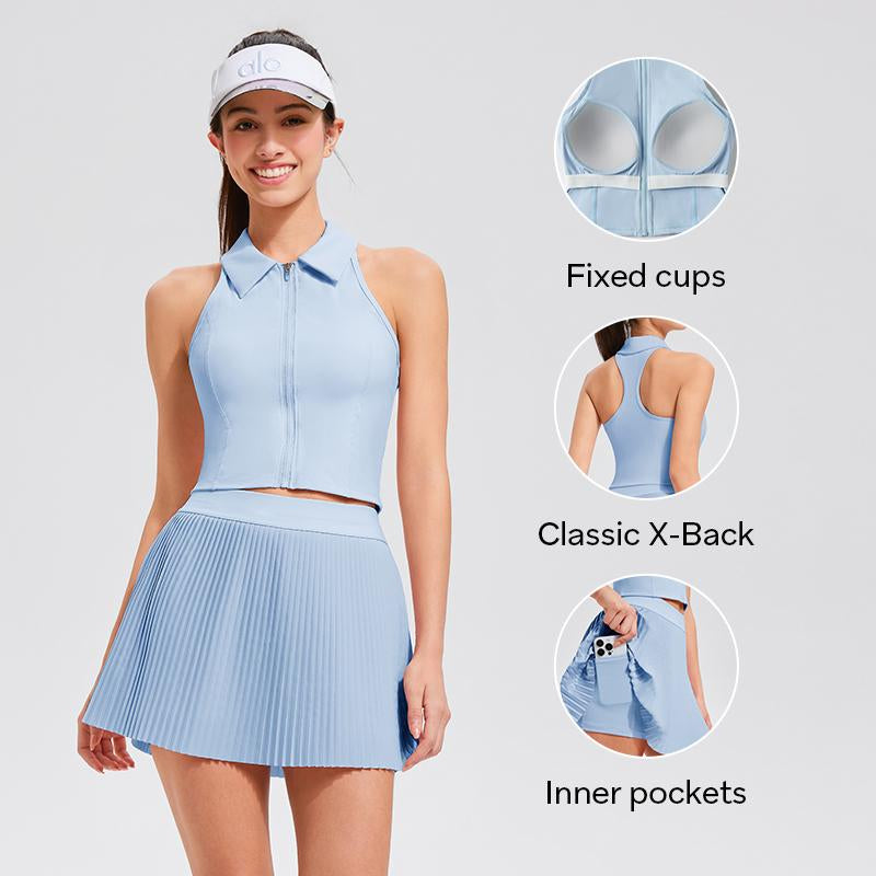 AFZ Tennis Skirt Set 2 Piece Pleated Tennis Skirt Built in Shorts & Zip Sleeveless Top Golf Outfits 2025 Comfortable Suits