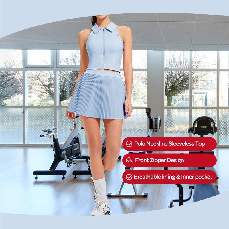 AFZ Tennis Skirt Set 2 Piece Pleated Tennis Skirt Built in Shorts & Zip Sleeveless Top Golf Outfits 2025 Comfortable Suits